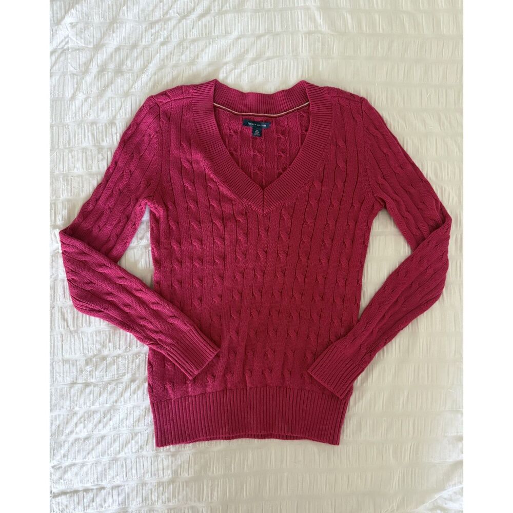 Tommy Hilfiger Pink Cable Knit V-Neck Sweater XS